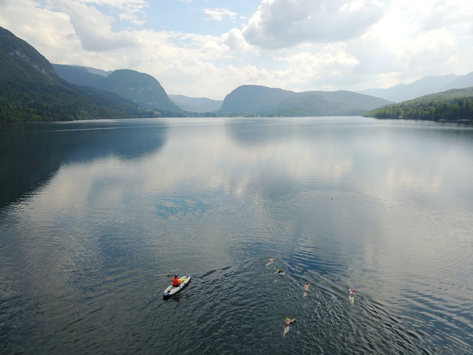 Swimming holiday Slovenia swimmers on lake.JPG